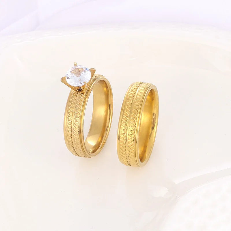 Wholesale Laser Logo Stainless Jewelry Love Forever Bridal 14K Gold Plated Couple Wedding Ring Set