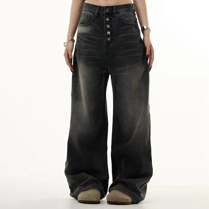Street Fashion Loose Mid Waist Women Jeans American Vintage Straight Leg Wide Flare Denim Jeans for Women