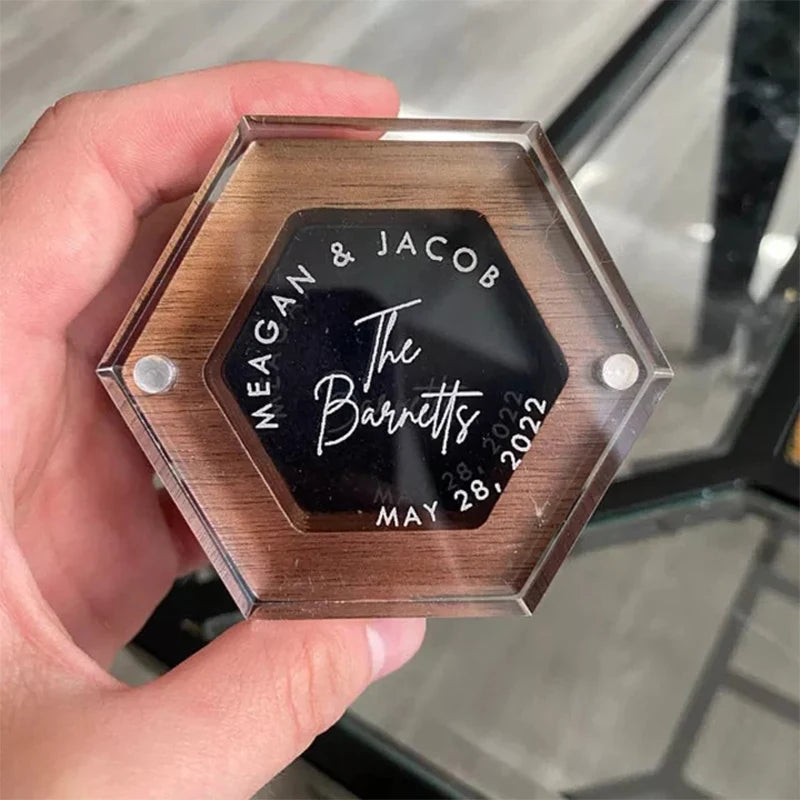 New Walnut Wood Clear Magnetic Hexagonal Ring Box Engraved Wedding Ring Bearer Box Personalized Jewelry Box