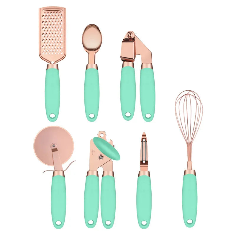 Manjia 7 Piece Kitchen Gadget Accessories Stainless Steel Rose Gold Kitchen Utensils with Soft Touch