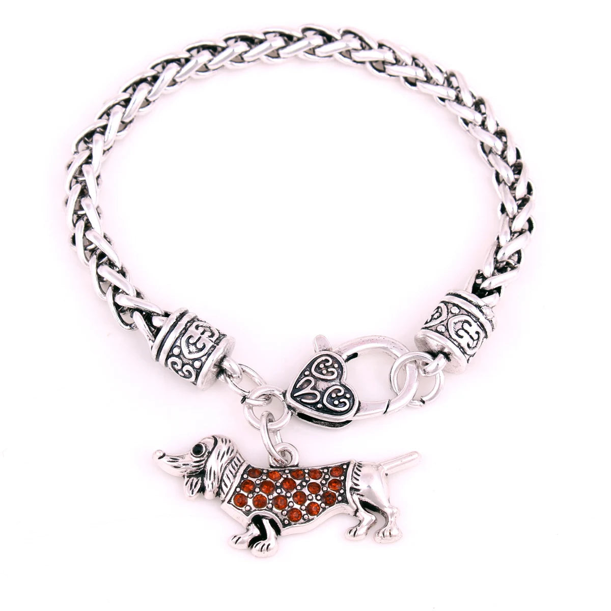 B08373 Zinc Alloy Animal Crystal Dachshund Charm Dog Pet Pendant Wheat Chain Bracelet