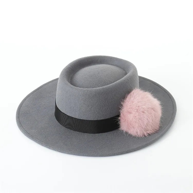 X1270 Unisex British Wool Flat Top Caps Fascinator New Rabbit Fur Ball Decorative Ladies' Fashion Big Eaves for Church Outdoor MegaBDM