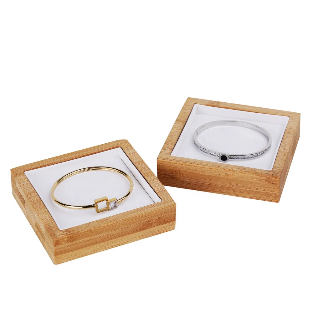Bamboo Wood Bracelet Necklace Ring Display Holder Square White PU Leather Jewellery Display Stand Cases & Displays Durable