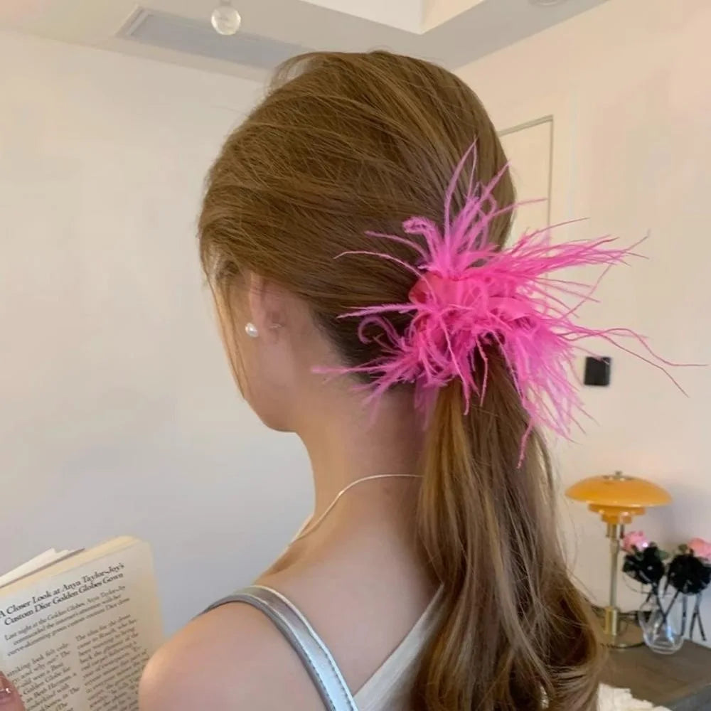 Hot Pink Elastic Hair Bands for Women Feathered Ponytail Hair Ties Headwear Accessories Fabric Scrunchies