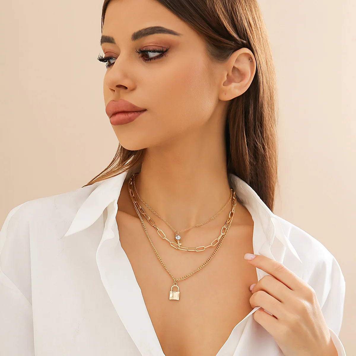 European American Cross-border Gold Plated Zinc Alloy Exaggerated Thick Chain Versatile Classic Necklace Simplicity Lock Key