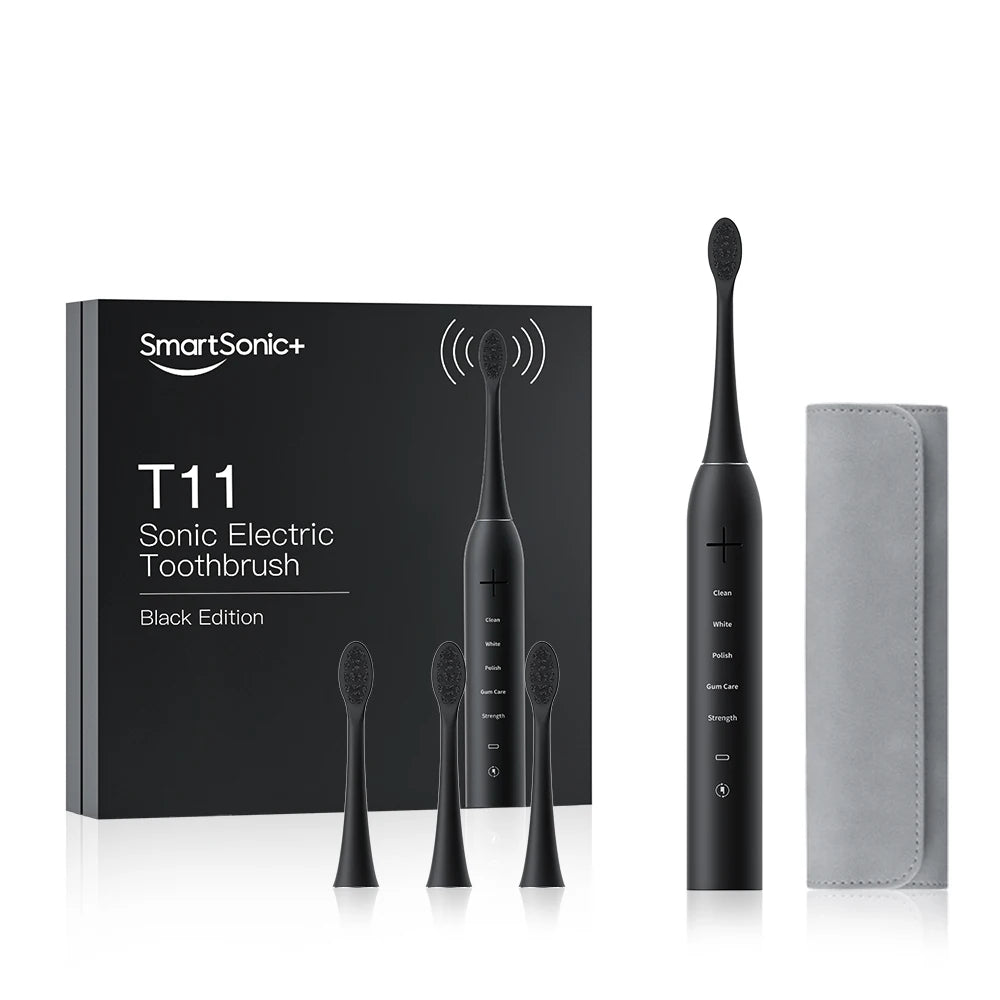 Black 4 Mode IPX8 Rechargeable Smart Sonic Electric Toothbrush with PU Travel Case