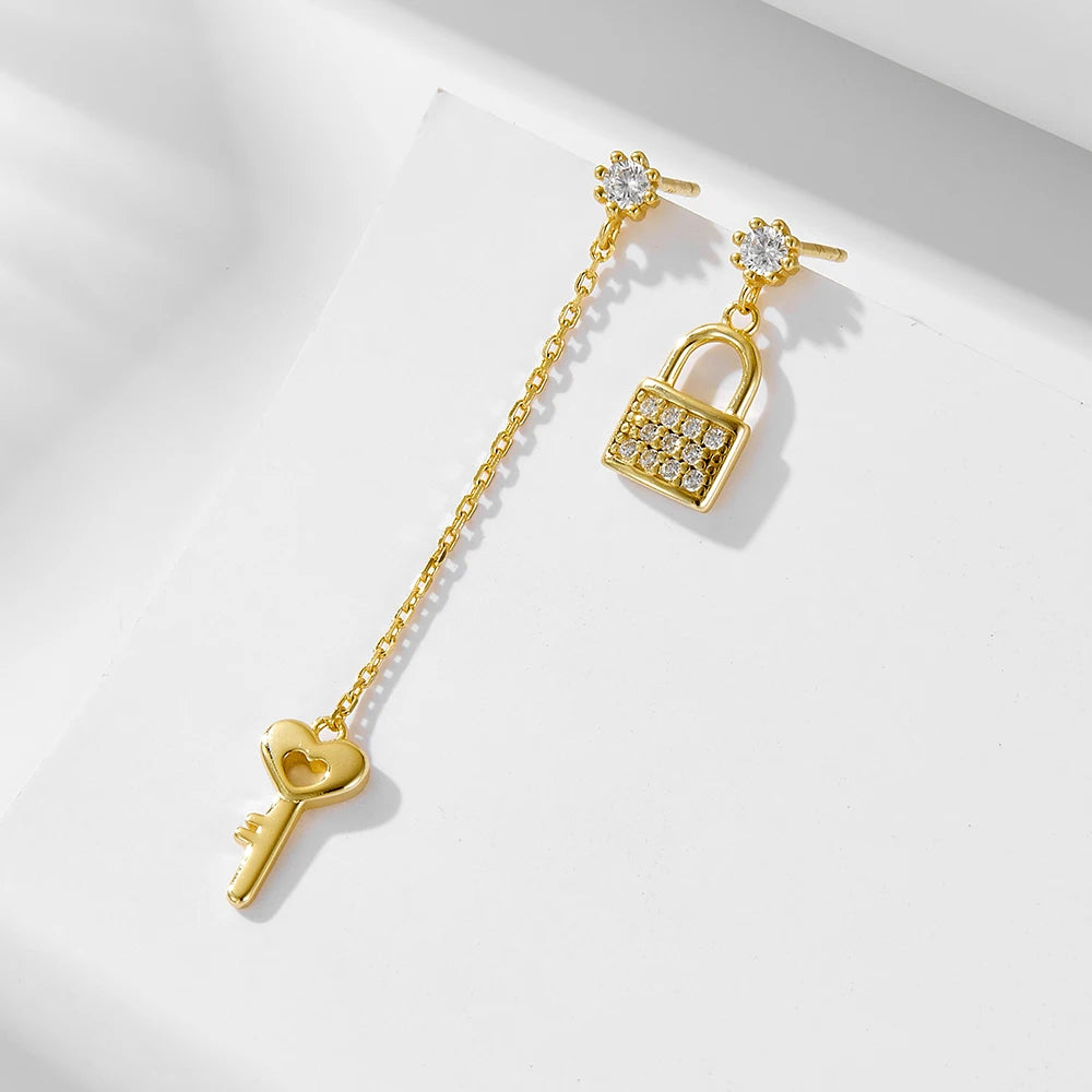 Personality Creative S925 Sterling Silver Long Chain Tassel Key Lock Asymmetric Zircon Gold Plated Earrings