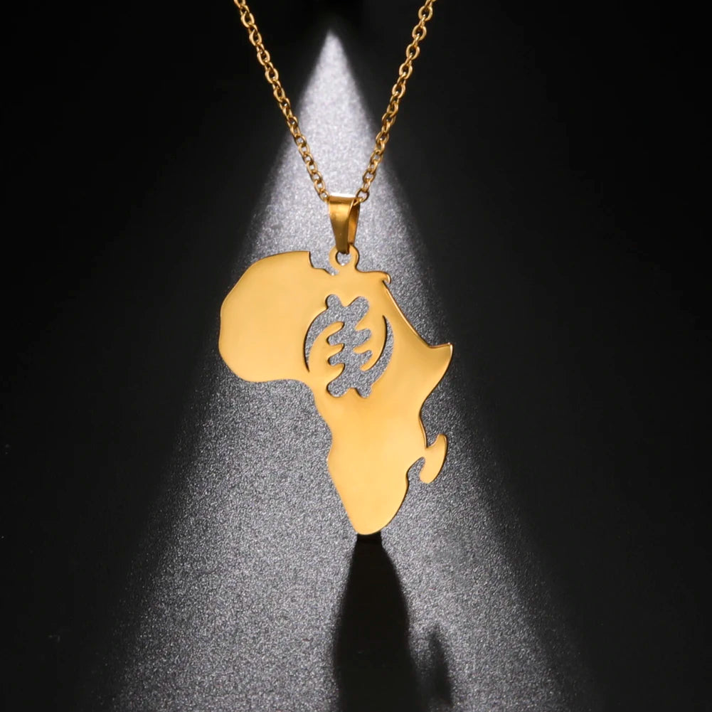 Adinkra Gye Nyame Ethnic Stainless Steel Pendant Necklace Gold Color African Map Symbol for Women Men Anniversary Ghana Jewelry