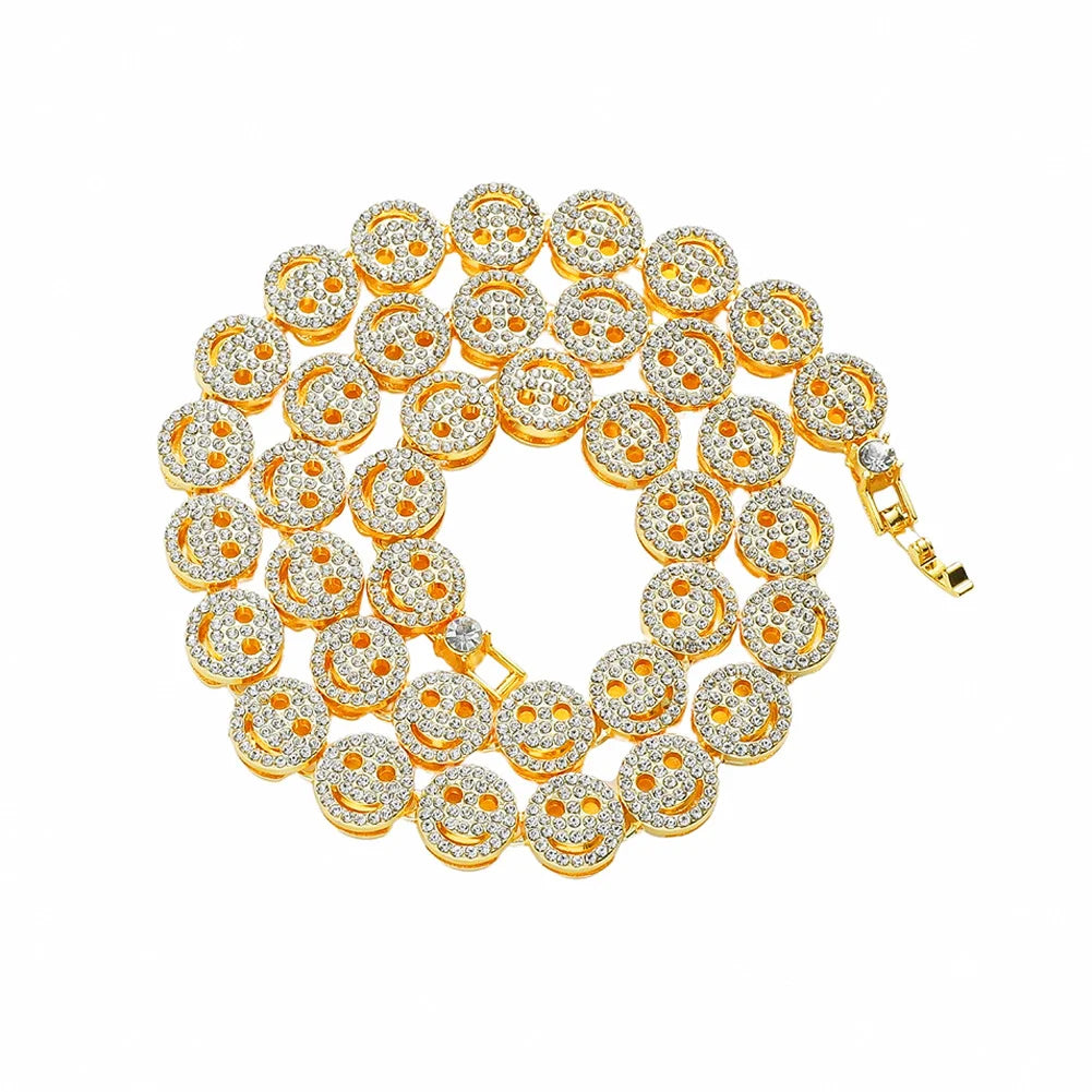 Hip Hops Men's Smile Necklace Chain Full Iced Out 12mm Alloy Crystal Cuban Link Chain Necklace