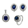 Italian Silver 925 Oval Blue Sapphire CZ Baguette Halo Gemstone Earrings Stud Necklace Pendant Set Jewellery