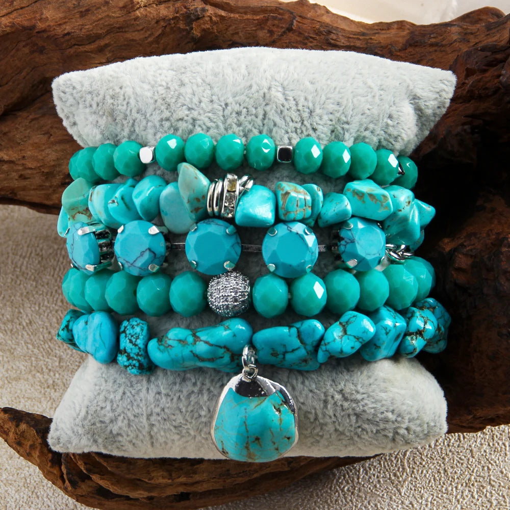 New Fashion Bohemian Ethnic Style Natural Stone Turquoise Amazonite Glass Beaded Elastic Bracelet 5pcs Stacked Bracelet Set