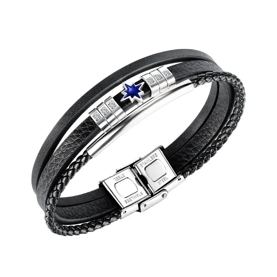 Factory Jewelry Personality Multilayer Synthetic Leather Stainless Steel Zircon Inlay Genuine Leather Bracelet Men PH1446