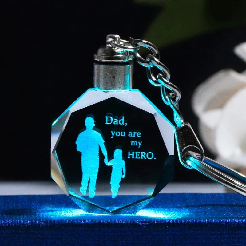 Wholesale Father's Day Gift Crystal Key Chain Custom 3d Laser Colorful Light Key Ring Dad Gift K9 Crystal LED Keychain
