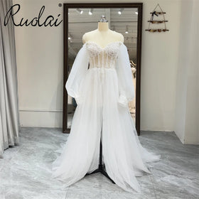 Ruolai QW01869 Appliqued Boning Off Shoulder Simple Long Sleeve Wedding Dress for Girls