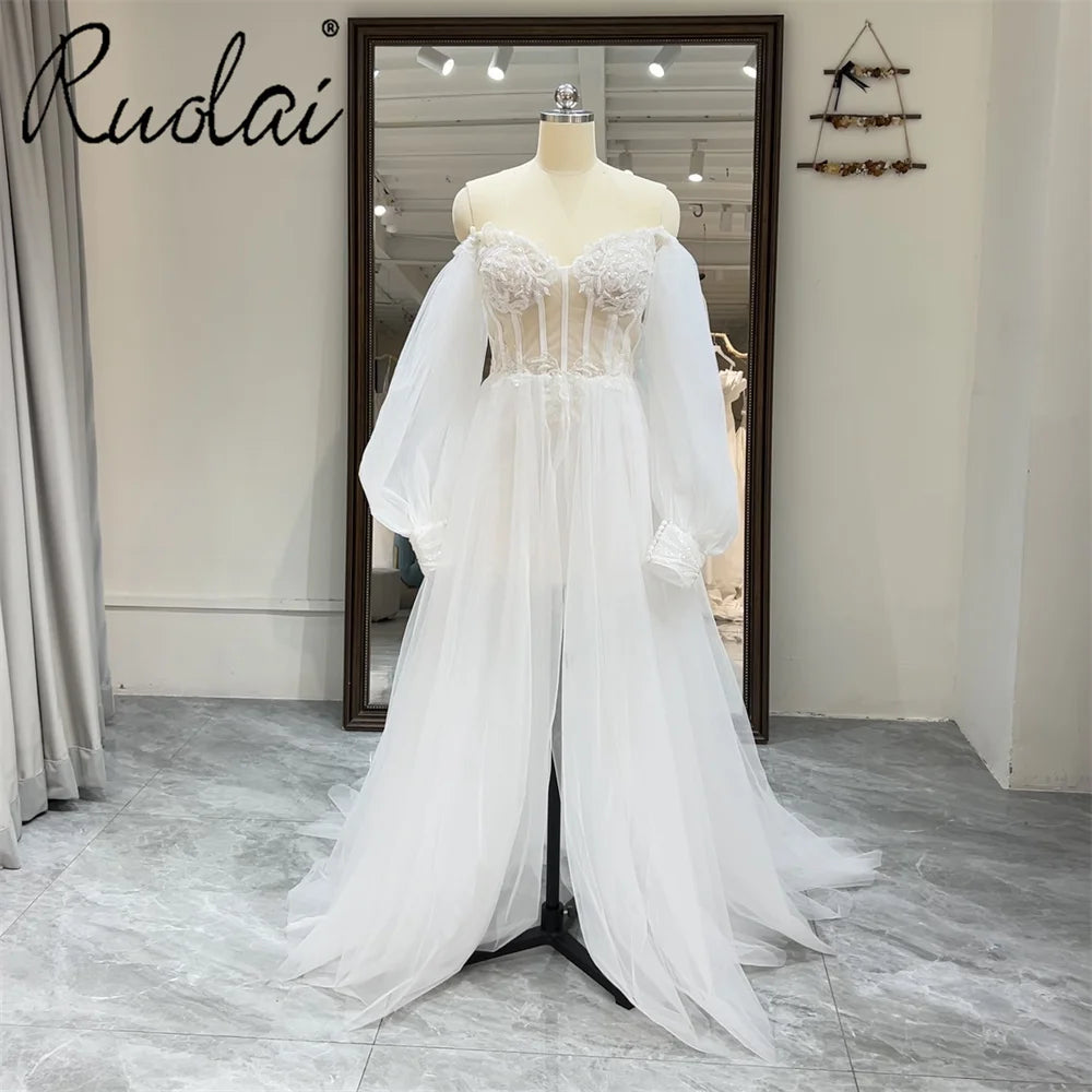 Ruolai QW01869 Appliqued Boning Off Shoulder Simple Long Sleeve Wedding Dress for Girls