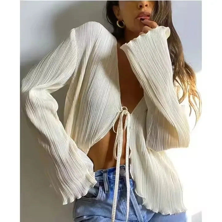 Casual Party Street Spring Fall Chic Long Flare Sleeve V- Neck Tie up Cardigans Tops Women Pleated Plain Shirts