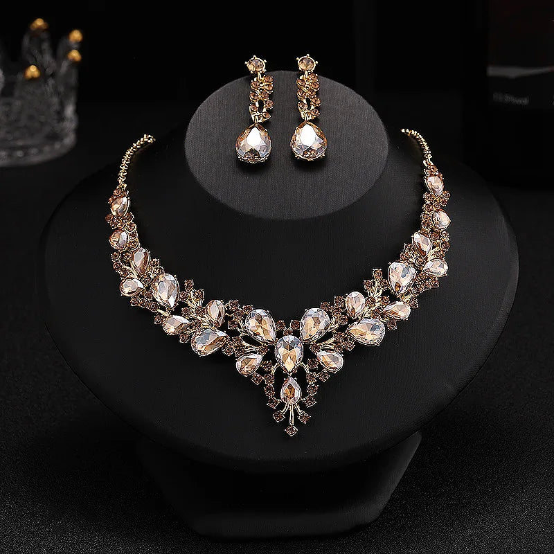 Luxury Gold Plated Charm Pendant Necklace and Rhinestone Earring Set Wedding Party Banquet Jewelry for Bridal Jewelry Sets