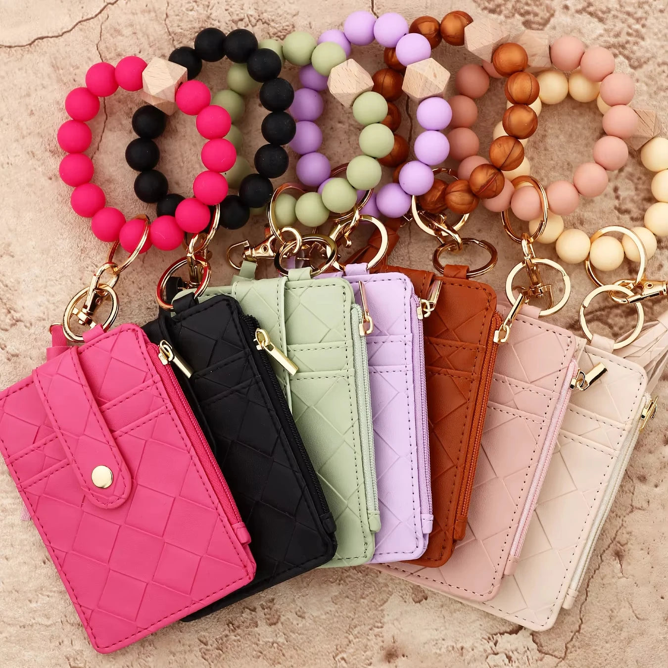 2026 Newest Tassel Keychain Bracelet Wristlet Beaded Key Ring Bracelet with Card Wallet