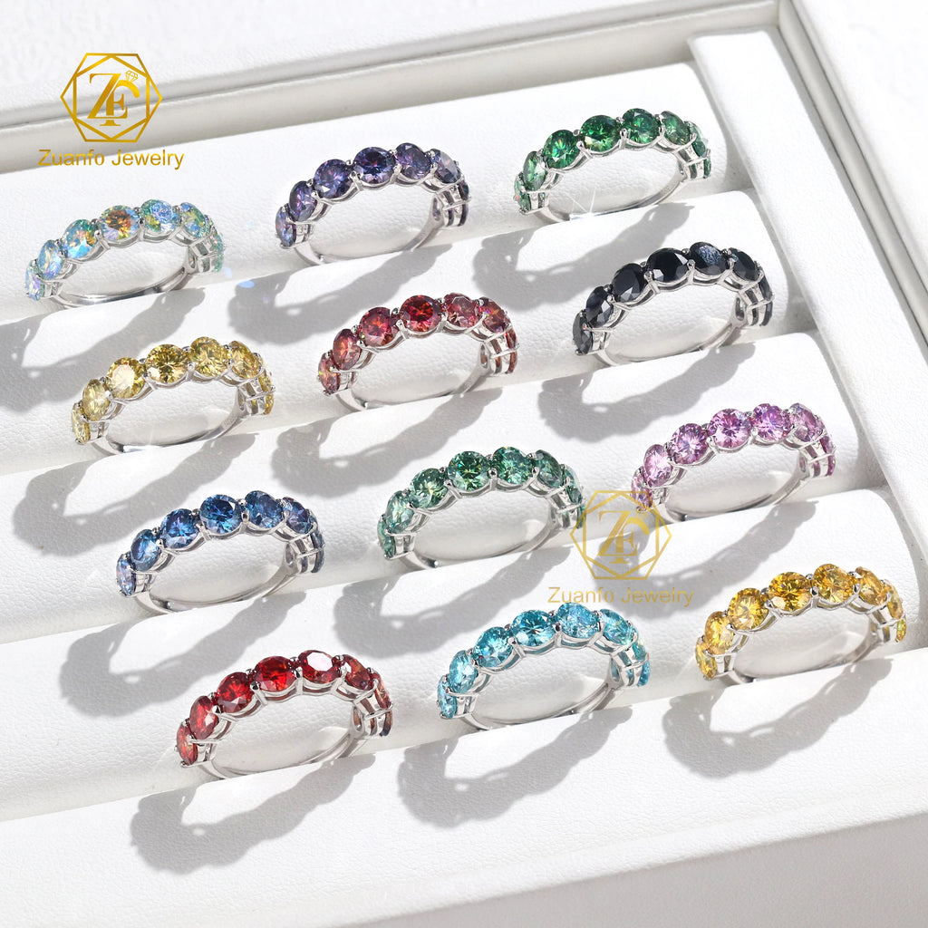 Classic 925 Silver Gold Plated 5mm Moissanite Eternity Band Ring Colorful Design with GRA Certificate