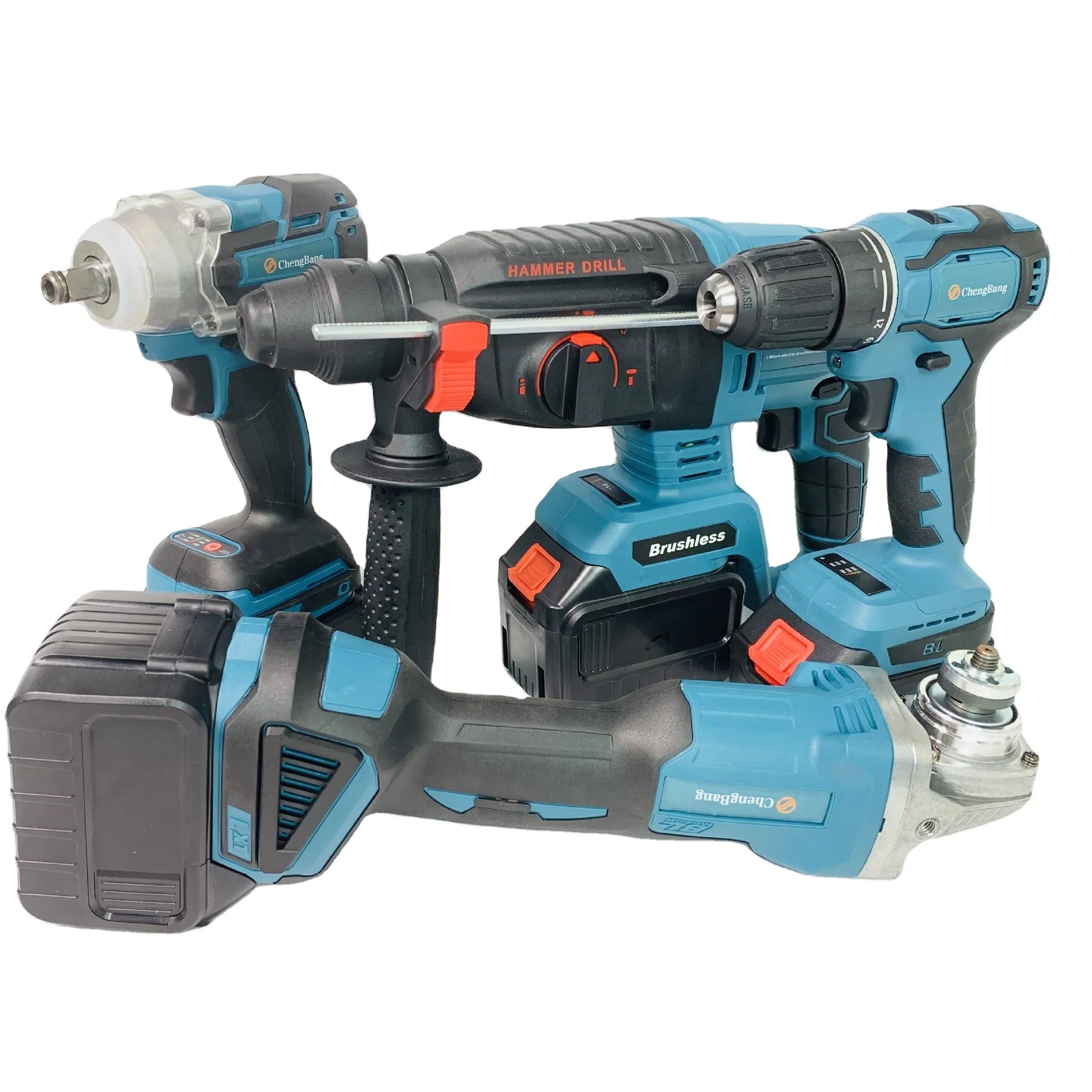 Sets of 4pcs Power Tools 20V Lithium Brushless Electric Hammer Drill Angle Grinder Cordless Drill Wrench Combination Set Type a