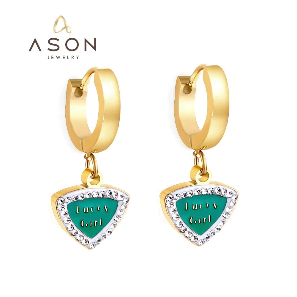 Ason Jewelry Fashion Stainless Steel 18K PVD Gold Huggie Earrings Valentines Letter Heart Zircon Drop Hoop Earrings for Women