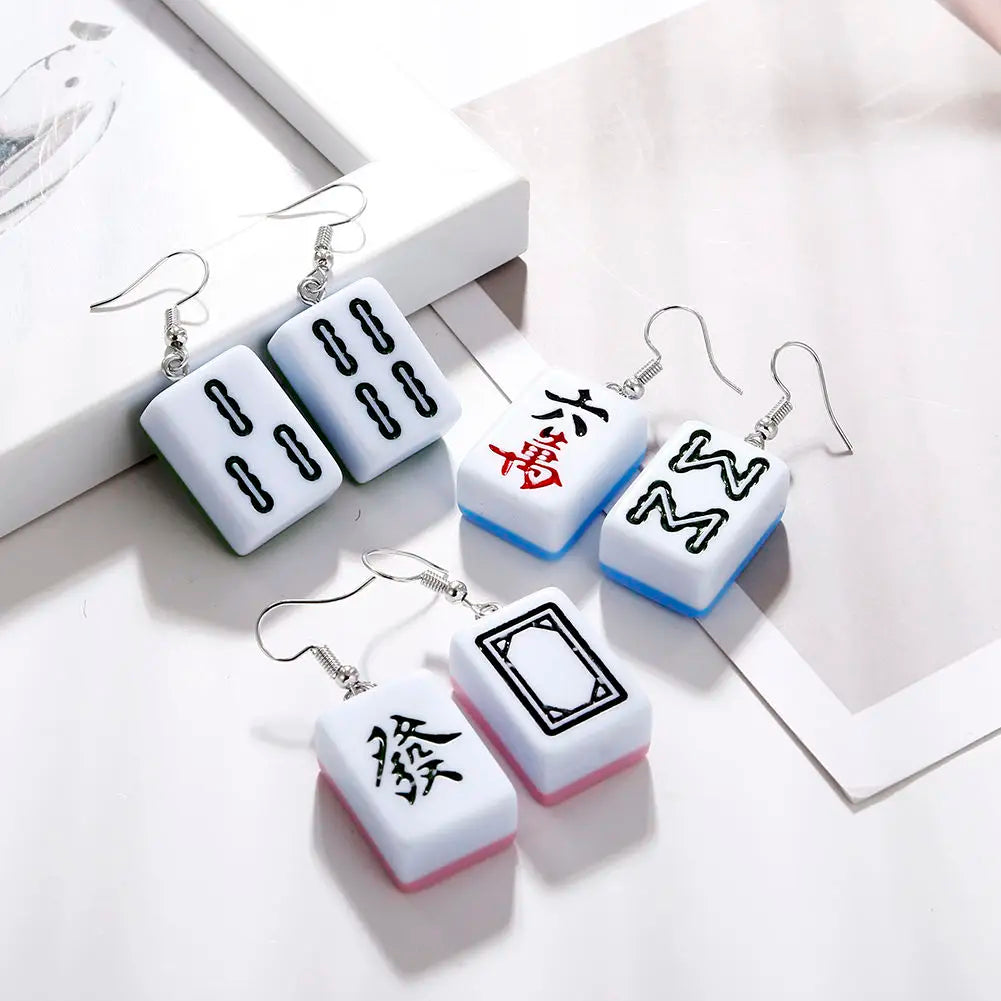 New Creative Chinese Traditional Entertainment Mahjong Random Words Pink Green Blue Exaggerated Fun Acrylic Earrings for Women