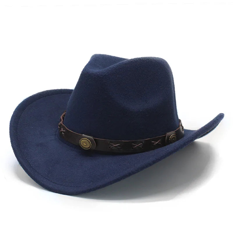Men Wool Felt Cowboy Hat Roll up Brim Fedora Hat With PU Ribbon