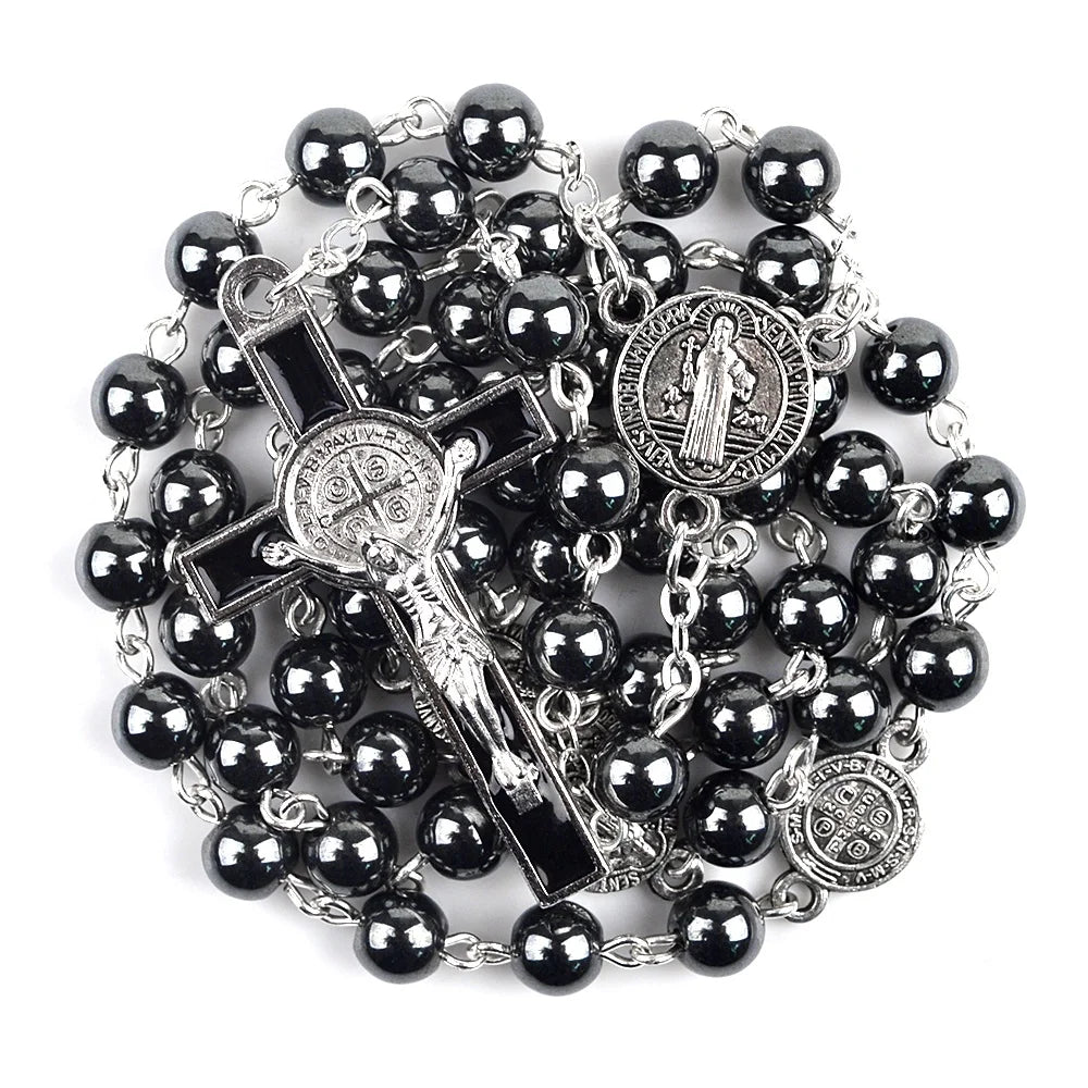 Hematite Rosary Natural Stone  Beads St Benedict Medals Rosary Black Men Stainless Steel Catholic Rosaries