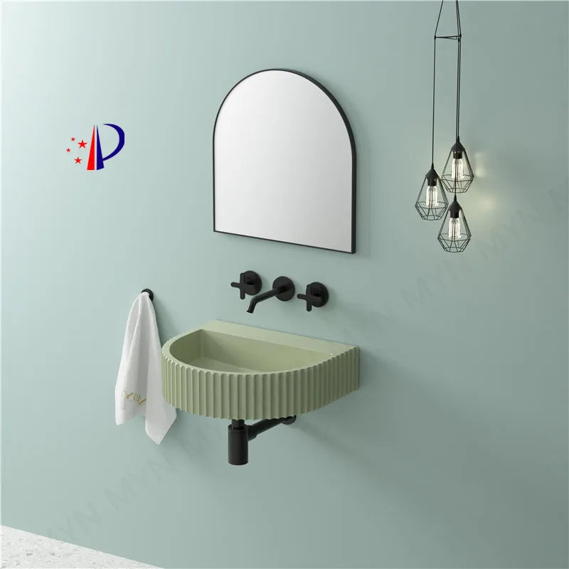 Luxury Modern Design Bathroom Solid Surface Wall Hung Mint Macaron Green Artificial Stone Wash Basin