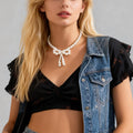 Elegant Adjustable Imitated Pearl Bow Knot Beaded Necklace for Women Charms Lady Collar Choker Fashion Jewelry Accessories Gifts