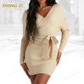 Clothing Factory Wholesale Custom Autumn Women Wide V-Neck High Waist With Tie Front Mini Wrap Ribbed Knit Sweater Dresses