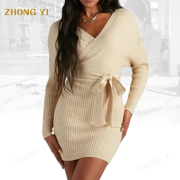 Clothing Factory Wholesale Custom Autumn Women Wide V-Neck High Waist With Tie Front Mini Wrap Ribbed Knit Sweater Dresses