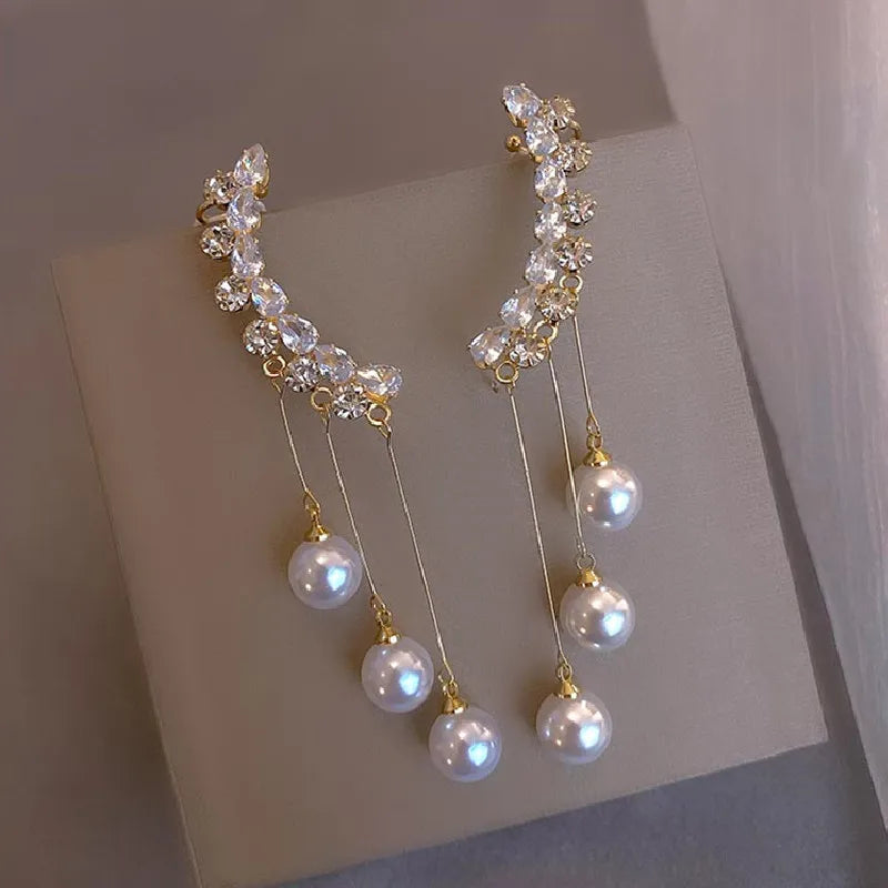 GT S925 Silver Needle Zircon Tassel Long Pearl Pendant Earrings Temperament Tassel Long Pearl Earrings for Women