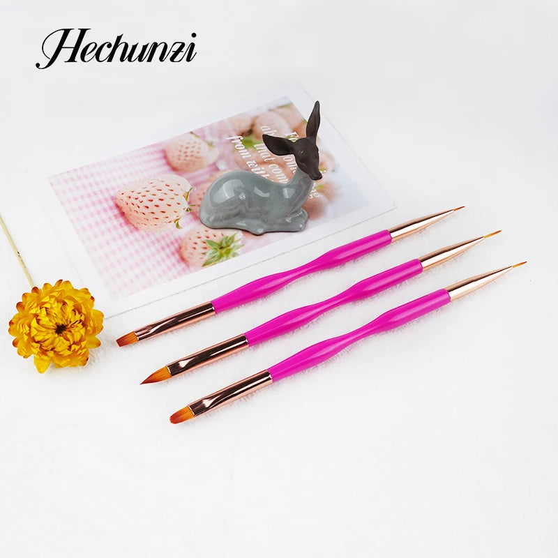 Hechunzi Double End Nylon Nail Brush Pink Handle Nail Art Brush Set for Gel Nail Polish Pen