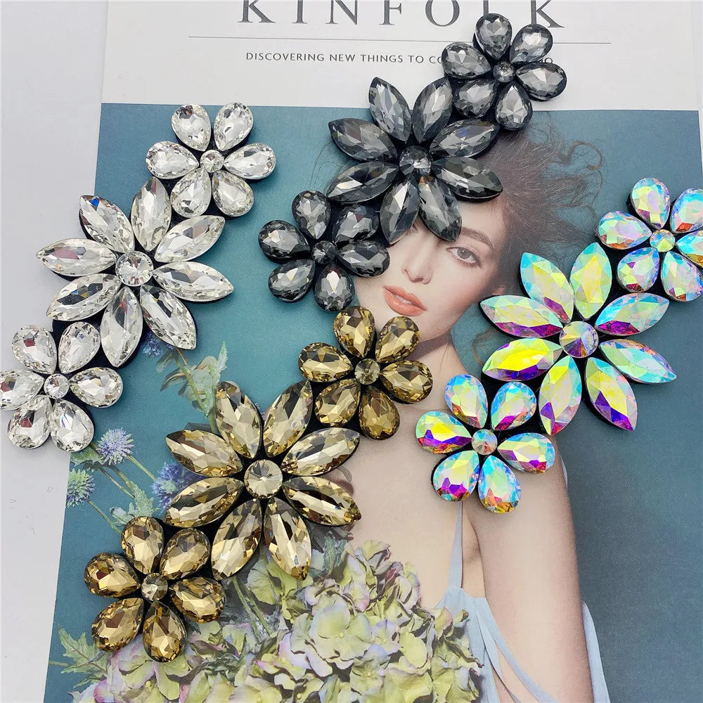 Three Flowers Design Rhinestone Applique Patch Sew on for Wedding Gown Bridal  Evening Wear Diamond  Design Patch