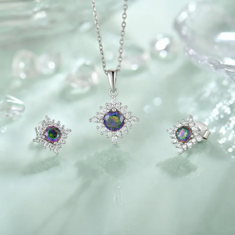 New Arrivals Custom Jewelry Necklace and Earrings Sterling Silver Colorful Zircon Gem Flower Jewelry Set