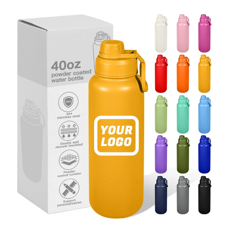 Custom Logo 40oz Stainless Steel Drinking Bottle SS304 Insulated Water Cup Laser Tumbler Double Wall Sports Mug with Handle