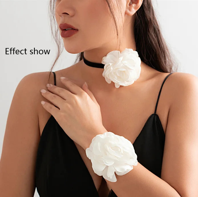 Custom Fashion 10 cm Fabric Satin Silk Large Rose Flower Clavicle Necklace Women Adjustable Choker Necklace Bracelet Set