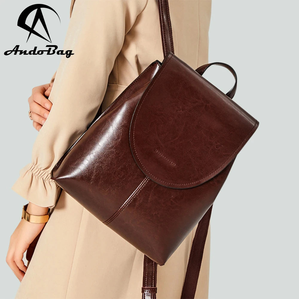 AndoBag New Backpacks for Women Genuine Cow Leather Large Capacity Shoulder Bag Fashion Vintage Oil Wax Cowhide Handbag