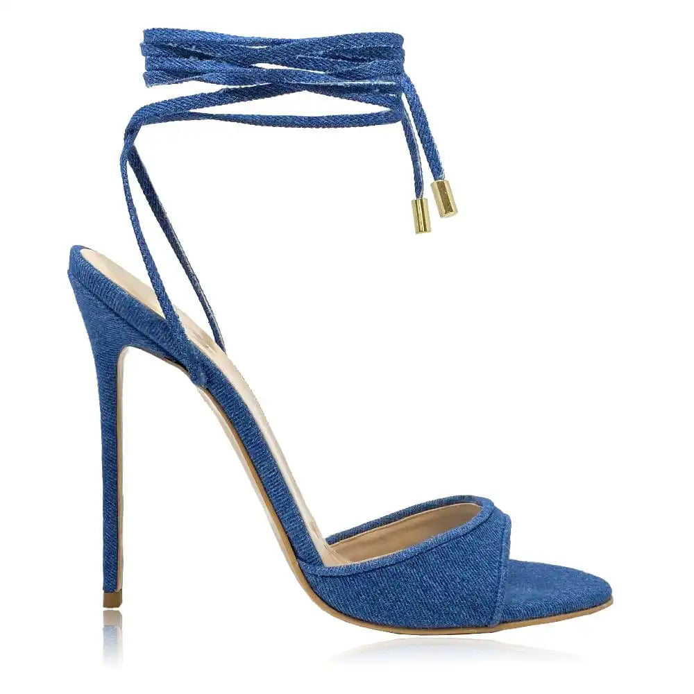 Summer Fashion Ladies Denim Snake Shoes  Ankle Wrap Strap Heels Sandal for Women