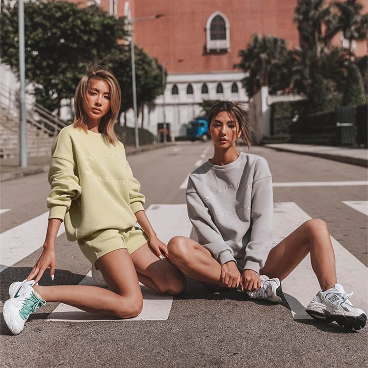 Custom logo Sweatshirt Women Wholesale Women Knitted Cotton Two Piece Summer Short Sets Casual Long Sleeve Women Set