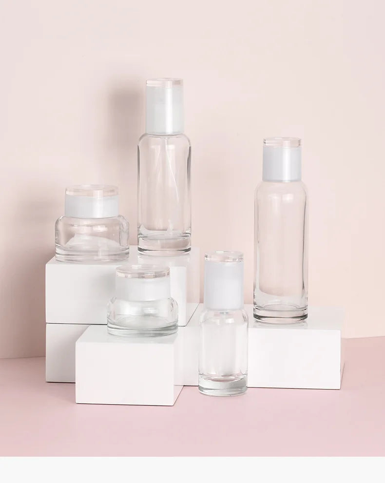 2023 Best Seller Luxury Cream Jar with Pink Glass Cosmetic Bottle Jar for Skin Care Serum 100pcs MOQ Pump Sprayer Sealing Type