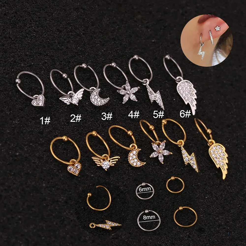 Cubic Zircon Gold Plated Dangling Lightning Star Moon Flower Heart Angel Wings Women Drop Earrings