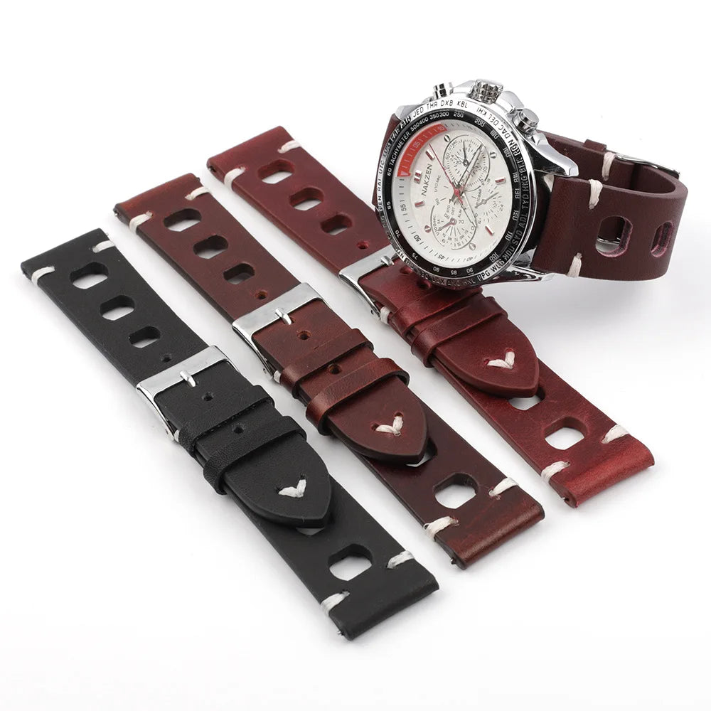 Three hole breathable men's and women's leather watch strap accessories 18 20 22 24mm quick release genuine cowhide strap