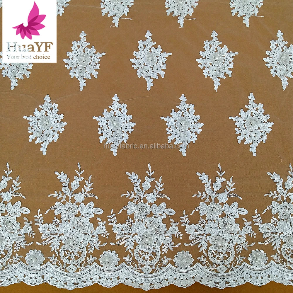 HY3109 Nigeria New White Pearl Embroidery Flower Lace Bridal Wedding Dress Lace Fabric