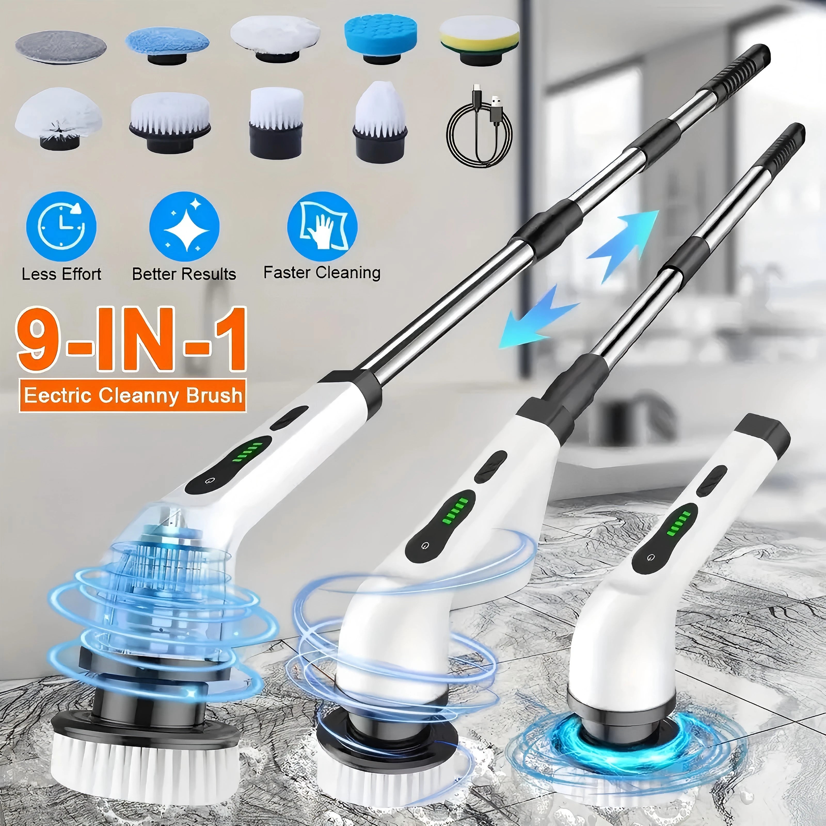 Adjustable Cordless Electric Spin Scrubber Long Handle Waterproof Bathroom and Kitchen Cleaner for Car Use Made of Plastic