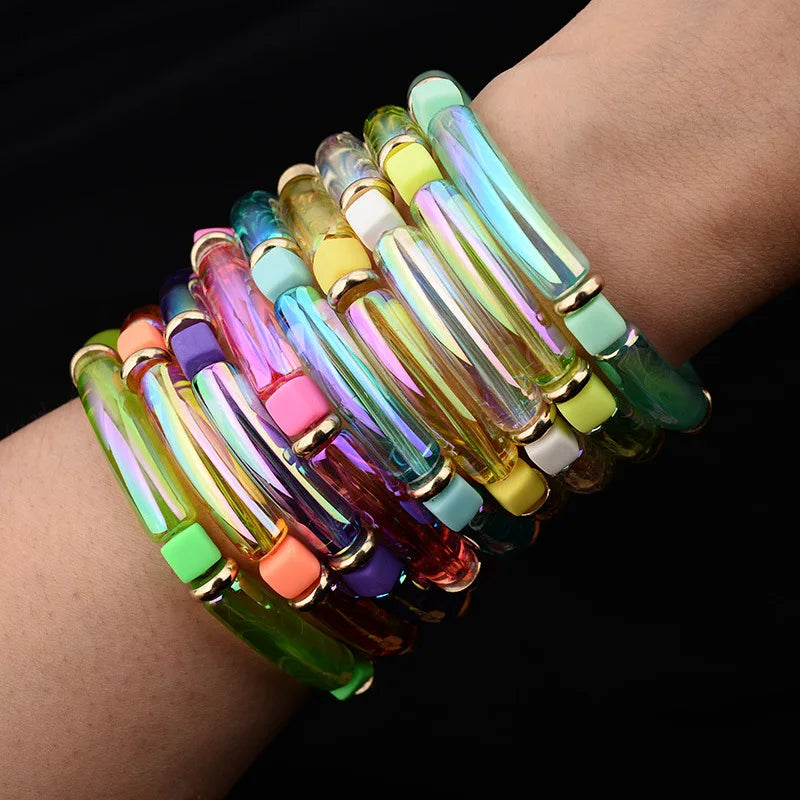 Fashion Acrylic Green Crystal Stretch Bracelet Bamboo Bangle for Women