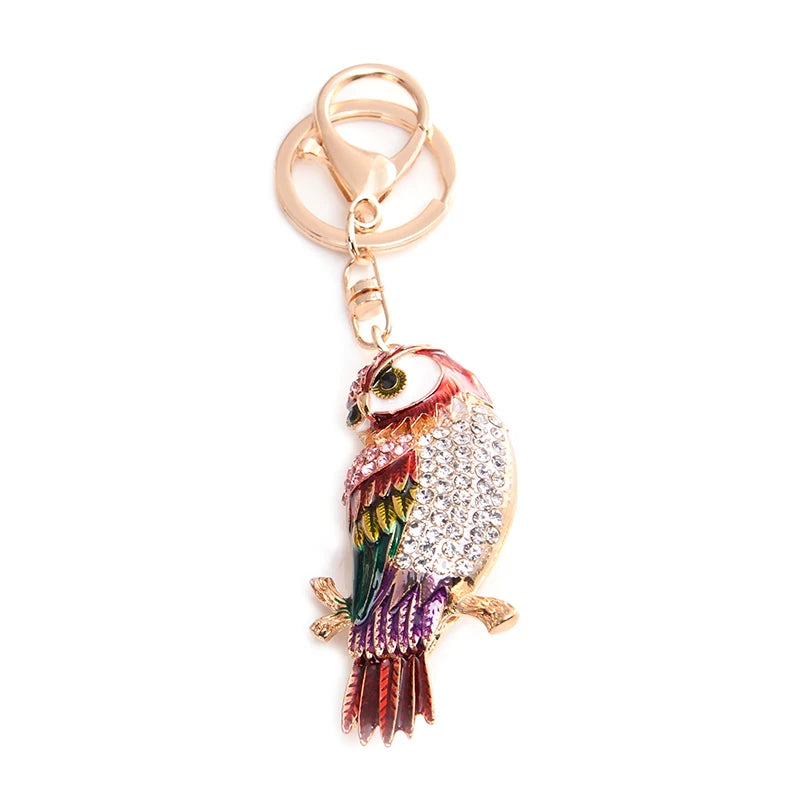 New Arrivals Colorful Crystal Oil Dripping Owl Key Chains Rhinestone Enamel Bird Parrot Keychain for Backpack