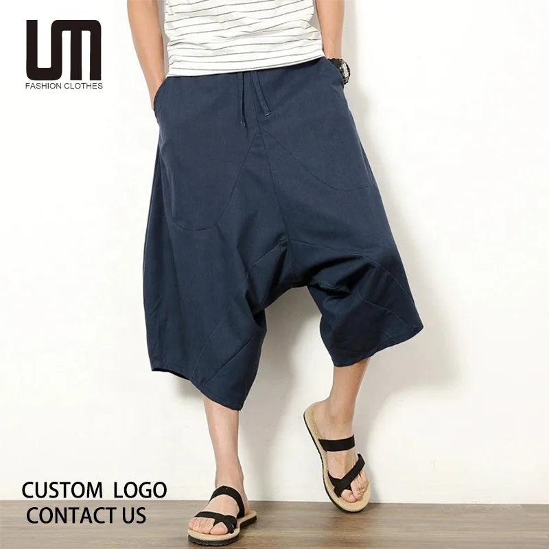 Liu Ming Custom Logo Wholesale 2025 Japanese Style Summer Men Loose Fit Plus Size Harem Shorts Linen Cotton Pants
