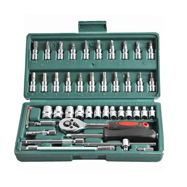 46pcs 1/4 Inch Automotive Repair Hand Tool Combination Set Ratcheting Wrench Extension Bar Slide Bar Hard Case for Home Use